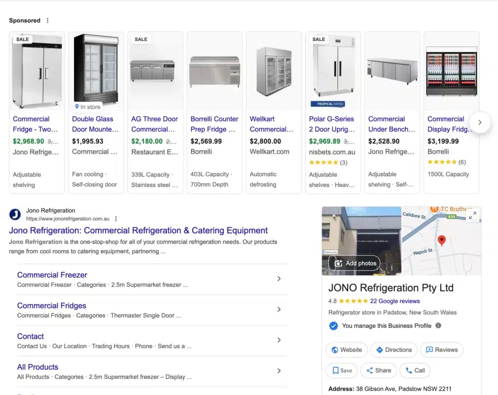 Screenshot of Google search results for commercial refrigeration, highlighting product ads, Jono Refrigeration’s business website—enhanced by SEO Content Strategy—and a Google Maps panel showing the company’s location and contact details.